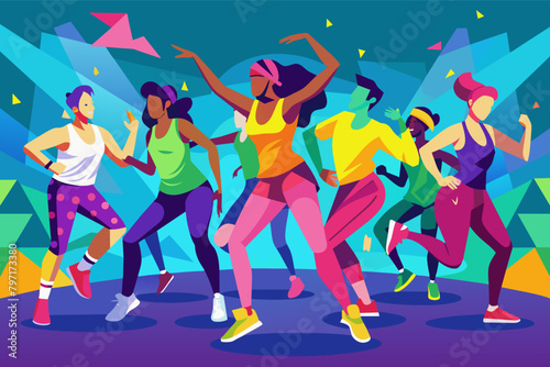 A group of people in a Zumba class with vibrant clothing, their silhouettes creating a kaleidoscope of colors.