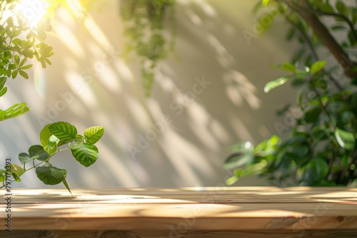 wood table background with sunlight window create leaf shadow on wall with blur indoor green plant foreground.panoramic banner mockup for display of product warm tone lights - generative ai