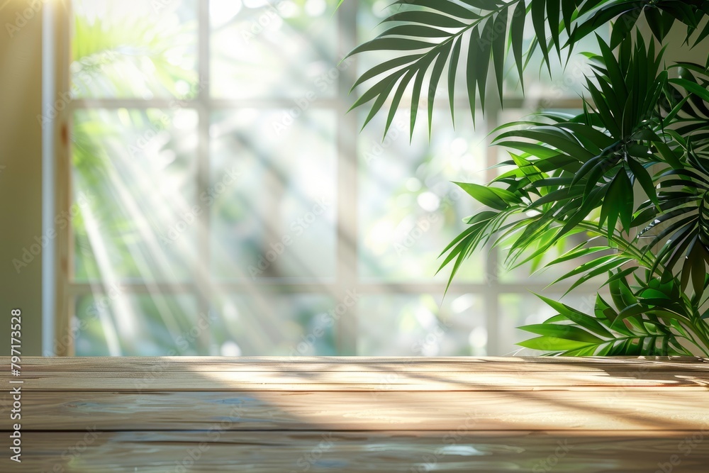 wood table background with sunlight window create leaf shadow on wall with blur indoor green plant foreground.panoramic banner mockup for display of product,warm tone lights - generative ai wood table background with sunlight window create leaf shadow on wall with blur indoor green plant foreground.panoramic banner mockup for display of product,warm tone lights - generative ai