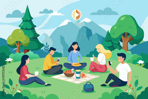 A group of people enjoying a picnic in a logo mockup-filled meadow