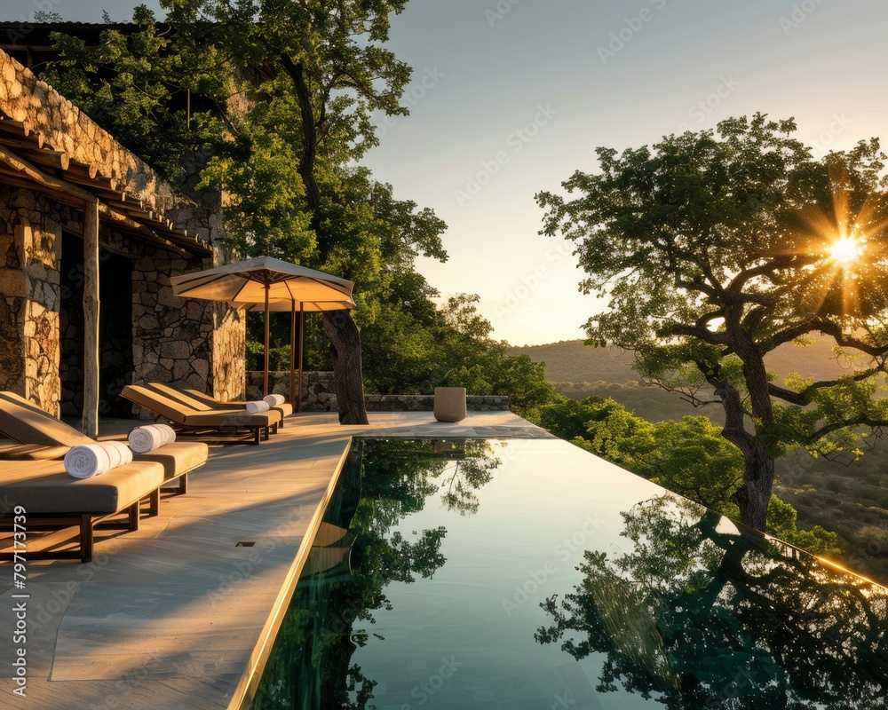 Fototapeta premium An infinity pool with a view of the savanna.