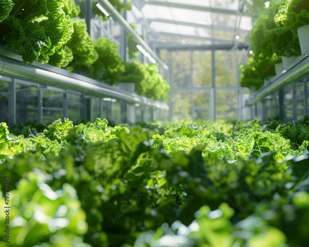An interior shot of a lush, futuristic greenhouse filled with leafy green plants growing in a hydroponic system. An interior shot of a lush, futuristic greenhouse filled with leafy green plants growing in a hydroponic system.