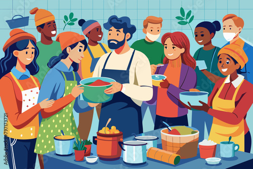 A group of friends volunteering at a soup kitchen, serving food to those in need.