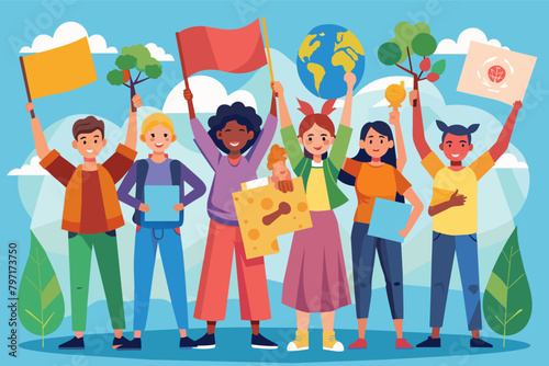 A group of friends protesting for climate change, holding colorful signs and chanting slogans.