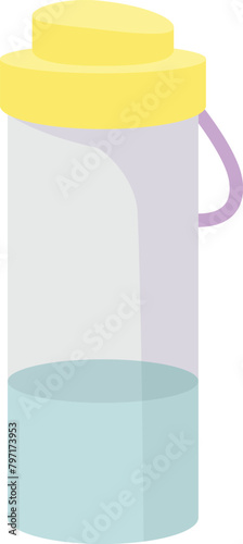 Plastic water bottle vector illustration featuring yellow lid. Clear water container graphics purple handle, flat design style. Isolated white background sport hydration equipment