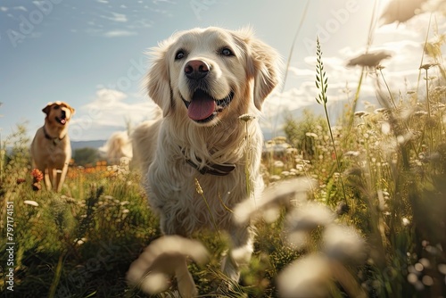 Smiling White Dog with Friends in The Background