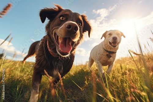 Energetic Dogs Playing in Sunny Grass Field