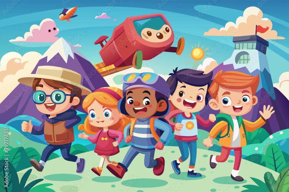 A group of friends going on an adventure in a whimsical 3D cartoon A group of friends going on an adventure in a whimsical 3D cartoon
