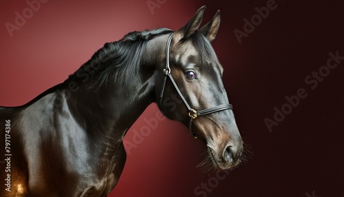 ai generative of a wearing a harness  a mare  black in color  red background