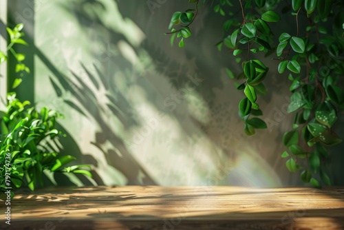 wood table background with sunlight window create leaf shadow on wall with blur indoor green plant foreground.panoramic banner mockup for display of product warm tone lights - generative ai