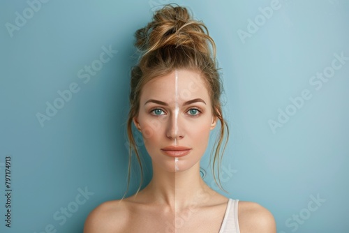Aging identity in old and young skin integrates with modern aging care dynamics, reflecting split aging population studies in double portraits.