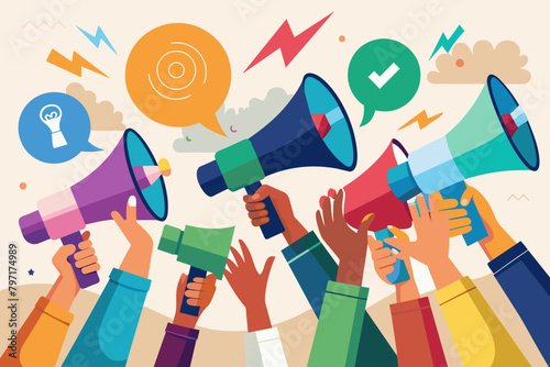 A group of diverse hands holding colorful megaphones amplify a central message, representing effective content marketing. photo