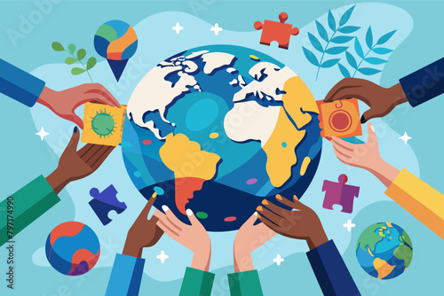 A group of diverse hands holding puzzle pieces that form a globe, representing global business solutions.