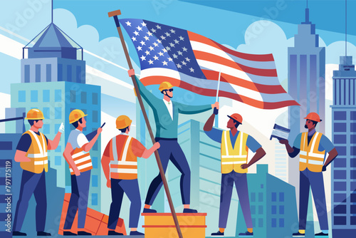A group of construction workers raising the American flag on top newly built skyscraper