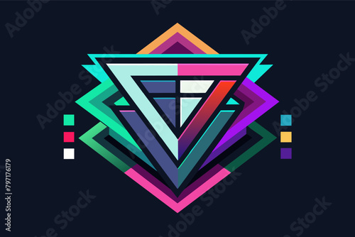 A glitch-inspired logo with overlapping geometric shapes and a neon color palette, representing digital creativity