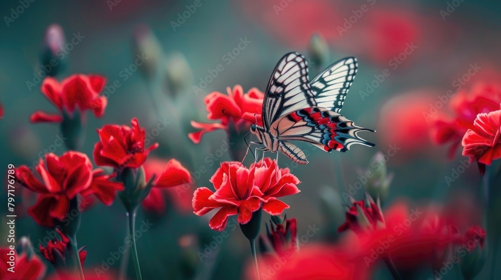 Create a visually captivating image by focusing on the intricate details of a beautiful butterfly perched delicately on red carnations, showcasing nature's elegance up close