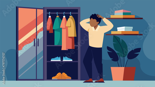 A person staring at their overflowing closet signifying the mistake of unnecessary and impulsive spending on material possessions.