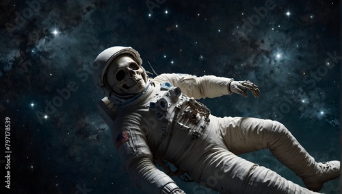 A skeleton astronaut floating in space, surrounded by stars, with Earth visible in the background ai_generated