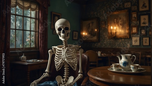 A whimsical scene of a skeleton sipping tea with a ghost in a quaint, old-fashioned parlor ai_generated