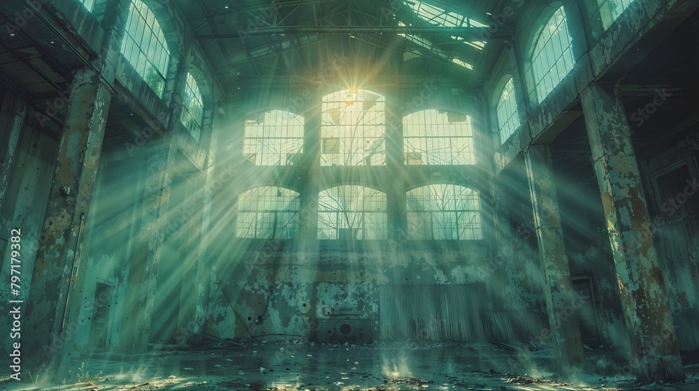 Sunlight filters through broken windows of an empty building, casting golden rays on dusty floors and walls
