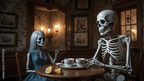 A whimsical scene of a skeleton sipping tea with a ghost in a quaint, old-fashioned parlor ai_generated