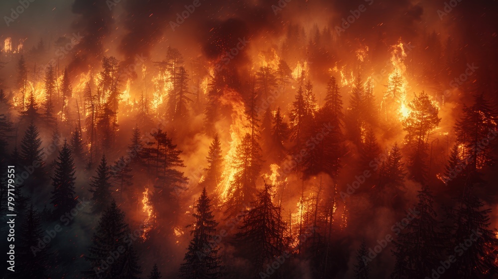 Intense wildfire engulfing forest at night Intense wildfire engulfing forest at night