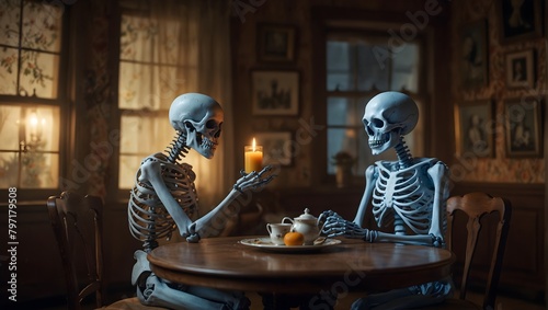 A whimsical scene of a skeleton sipping tea with a ghost in a quaint, old-fashioned parlor ai_generated