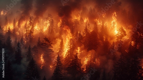 Intense wildfire engulfing forest at night