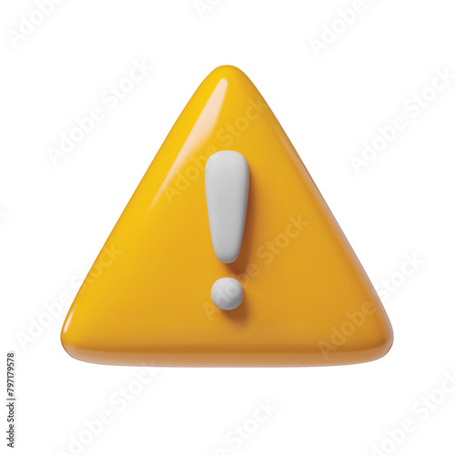 Yellow triangle button with exclamation point 3d icon. Warning, attention, secure signal caution or error mark realistic symbol three-dimensional rendering vector illustration