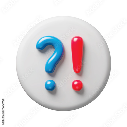 Blue question and red exclamation signs 3d realistic button. Glossy exclamation and question punctuation marks, attention signals three-dimensional rendering vector illustration