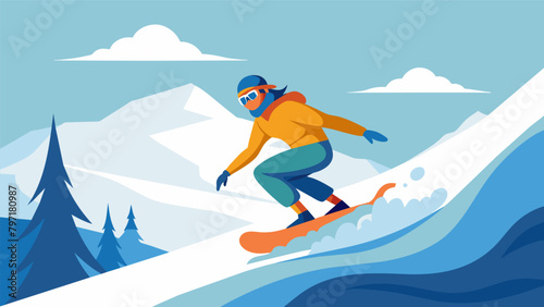 Snowboarding down a snowy mountain slope the rush of speed and the fresh crisp air filling your lungs and clearing your mind..