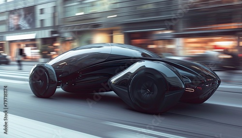 Black sports car speeding down a road, its sleek silhouette cutting through the air as it moves with precision and power 🏎️💨 The car's glossy exterior reflects the surrounding landscape, emphasizing