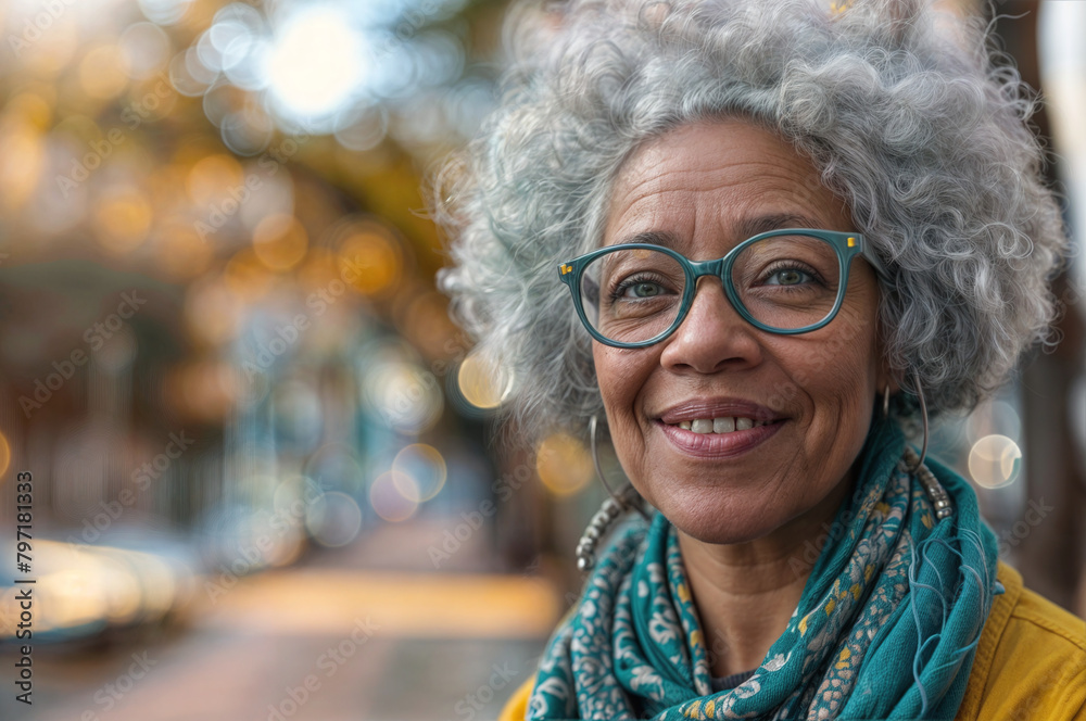 Black elder woman with gray hair and glasses, smiling and looking off to the side Black elder woman with gray hair and glasses, smiling and looking off to the side