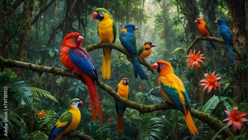A tropical rainforest teeming with colorful birds and flowers, vivid greens mingling with bright exotic hues ai_generated