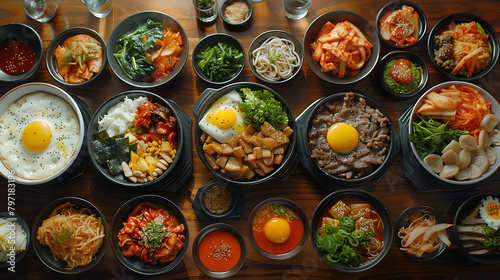 Assortment of Korean traditional dishes, Asian food, Top view, flat lay, panorama