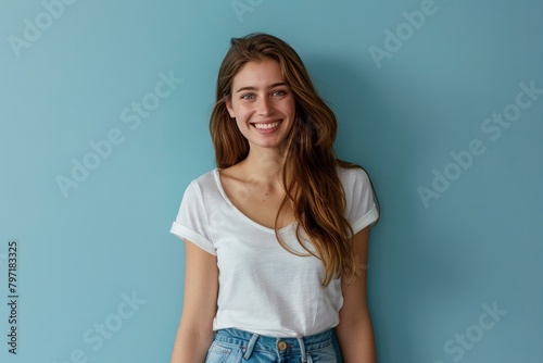 Happy successful woman standing in casual outfit, smiling pleased at camera and looking confident, standing against one color background - generative ai