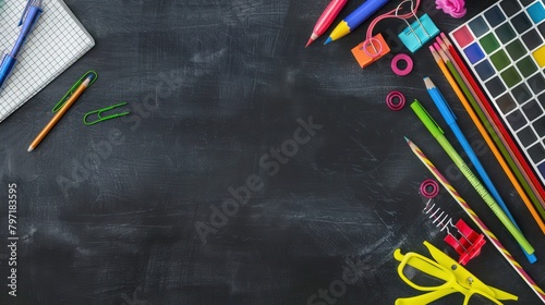School supplies on blackboard background with writing space