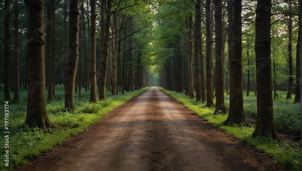 Obraz premium A forest pathway lined with trees, each displaying an ombre effect from roots to tips, shifting from earthy browns to vibrant greens ai_generated