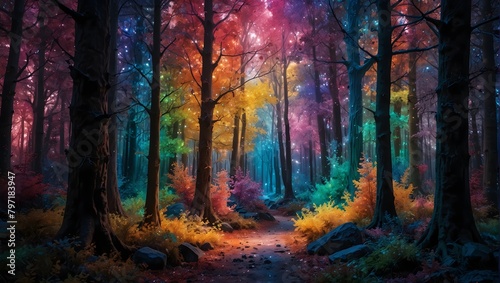  A fantasy forest with crystal trees that refract light into a myriad of colors, creating a dazzling, gem-like landscape  ai_generated photo