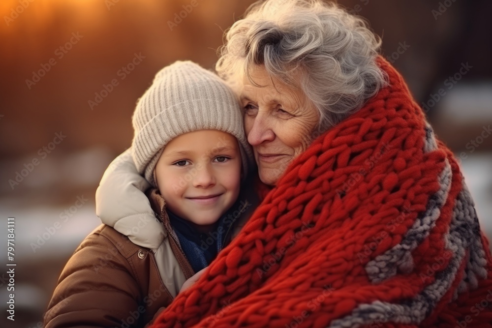 Obraz premium Grandmother with granddaughter family smiling happiness love old woman little girl winter warmth walk child hug embracing care togetherness bonding affection parent support tender relationship outside