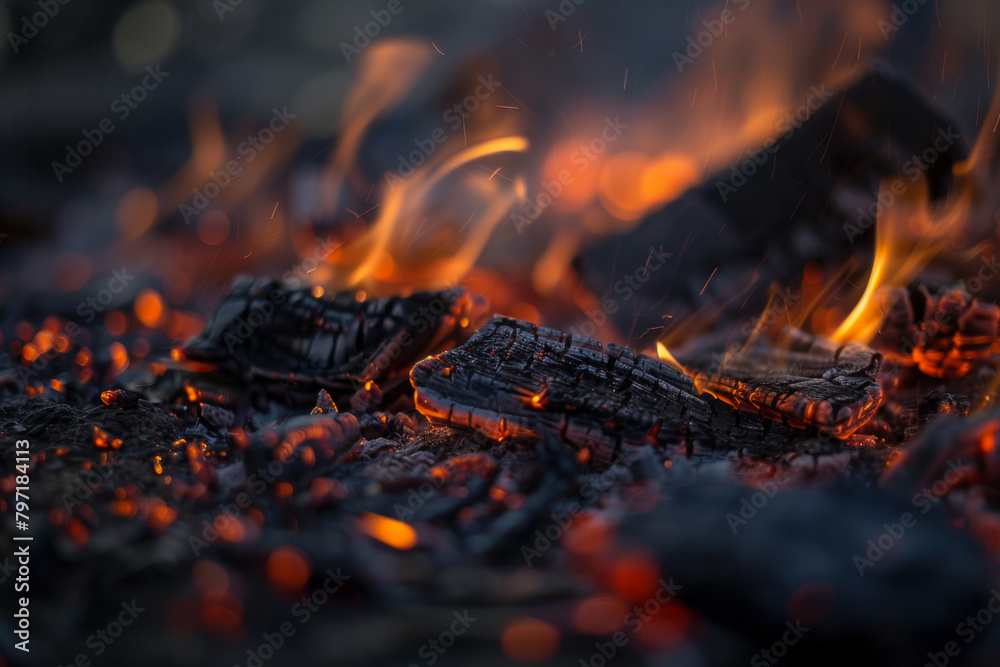 Close-up shot of charcoal burning in the aftermath of a bonfire, casting a soft, orange glow Close-up shot of charcoal burning in the aftermath of a bonfire, casting a soft, orange glow