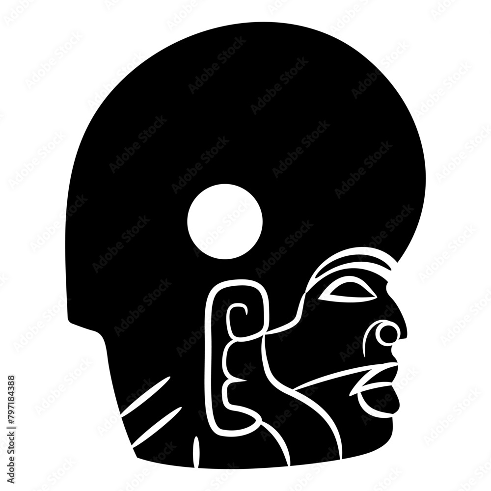 Head of a warrior man or ball player wearing helmet. Indigenous ethnic design of Maya Indians from Guatemala. Native American art. Black and white silhouette. Head of a warrior man or ball player wearing helmet. Indigenous ethnic design of Maya Indians from Guatemala. Native American art. Black and white silhouette.