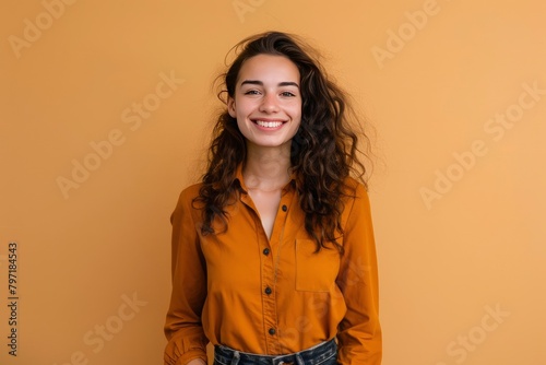 Happy successful woman standing in casual outfit, smiling pleased at camera and looking confident, standing against one color background - generative ai