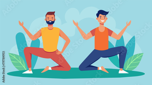 Two men participate in a sweatinducing yoga class focusing on detoxifying and purifying their bodies through challenging poses..