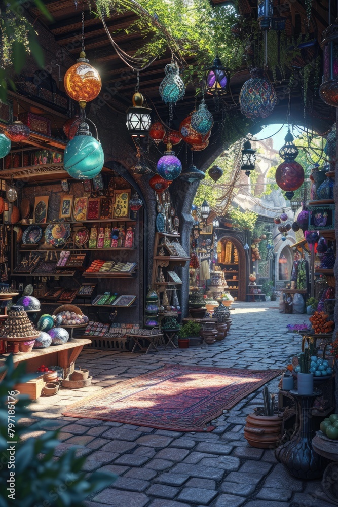Enchanted marketplace stalls offer whimsical goods amidst lively energy and magical hues. ✨🛍️ #FantasyBazaar