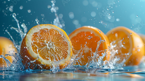 citrus fruit splashing isolated on blue background