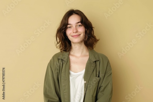 Happy successful woman standing in casual outfit, smiling pleased at camera and looking confident, standing against one color background - generative ai © Nia™