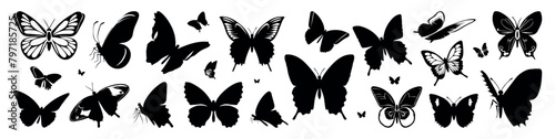 Butterfly Silhouettes Vector Illustration set, showcases a collection of butterfly silhouette, butterflies are perfect for backgrounds, patterns, and designs. ethereal display of flying insects