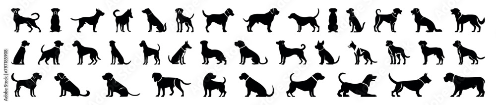 Set of  black silhouettes of a dog, vector, isolated collection. Dogs group standing or sitting of different breed. Dog breeds silhouettes, simple style clipart. Companion and toy dogs collection