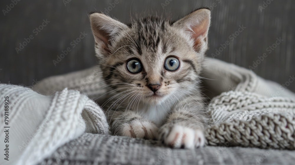 Adorable cat lounges on grey sofa. Ai Generated.